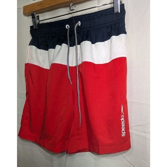 Speedo Mens S Red White Navy Blue Elastic Waist Drawstring Swim Trunks Shorts - Picture 3 of 11